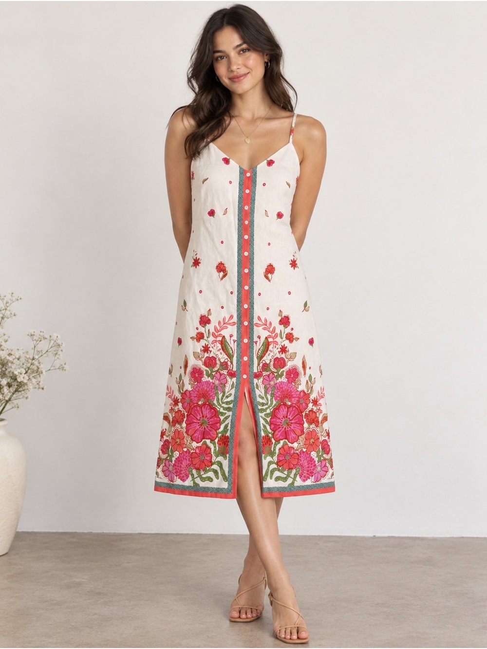 Skies Are Blue Size Medium Floral Linen Blend Midi Dress